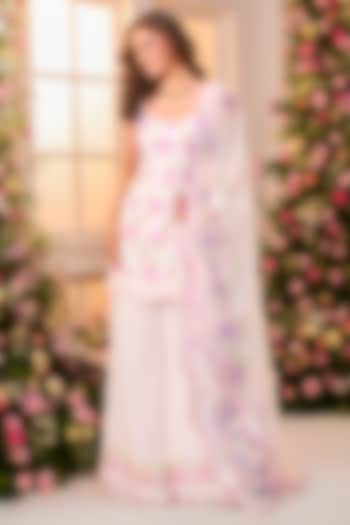 White & Lavender Crystal Satin Floral Printed Party Wear Sharara Set by LABEL PRIYANKA KAR at Pernia's Pop Up Shop
