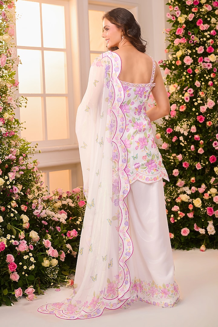 White & Lavender Crystal Satin Floral Printed Party Wear Sharara Set by LABEL PRIYANKA KAR at Pernia's Pop Up Shop