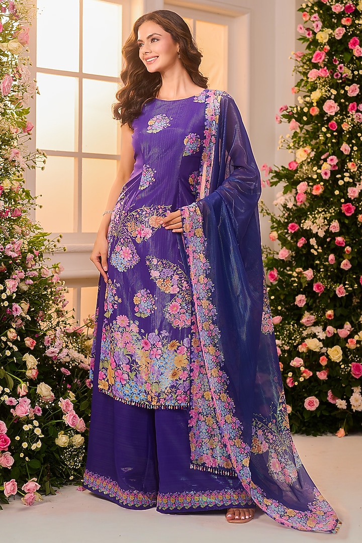 Royal Blue Crystal Satin Floral Printed Party Wear Sharara Set by LABEL PRIYANKA KAR at Pernia's Pop Up Shop