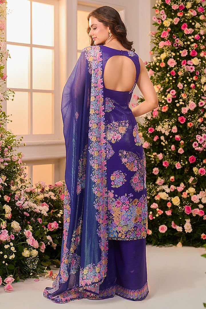 Royal Blue Crystal Satin Floral Printed Party Wear Sharara Set by LABEL PRIYANKA KAR at Pernia's Pop Up Shop