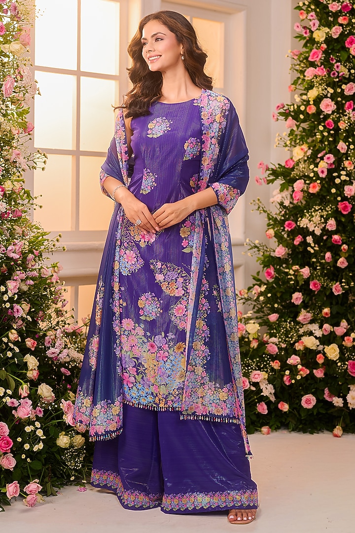Royal Blue Crystal Satin Floral Printed Party Wear Sharara Set by LABEL PRIYANKA KAR at Pernia's Pop Up Shop