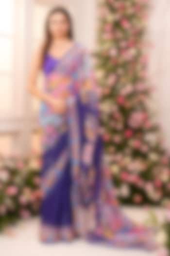 Royal Blue Crystal Satin Floral Printed Pre-Draped Party Wear Saree Set by LABEL PRIYANKA KAR at Pernia's Pop Up Shop