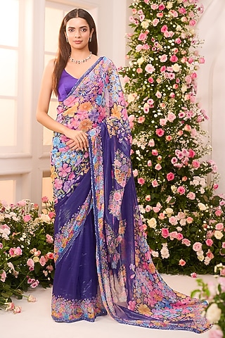 Royal Blue Crystal Satin Floral Printed Pre-Draped Saree Set by LABEL PRIYANKA KAR