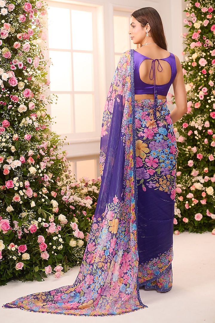 Royal Blue Crystal Satin Floral Printed Pre-Draped Party Wear Saree Set by LABEL PRIYANKA KAR at Pernia's Pop Up Shop
