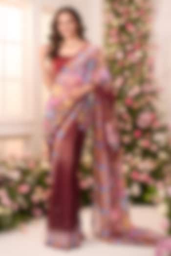 Maroon Crystal Satin Floral Printed Pre-Draped Party Wear Saree Set by LABEL PRIYANKA KAR at Pernia's Pop Up Shop