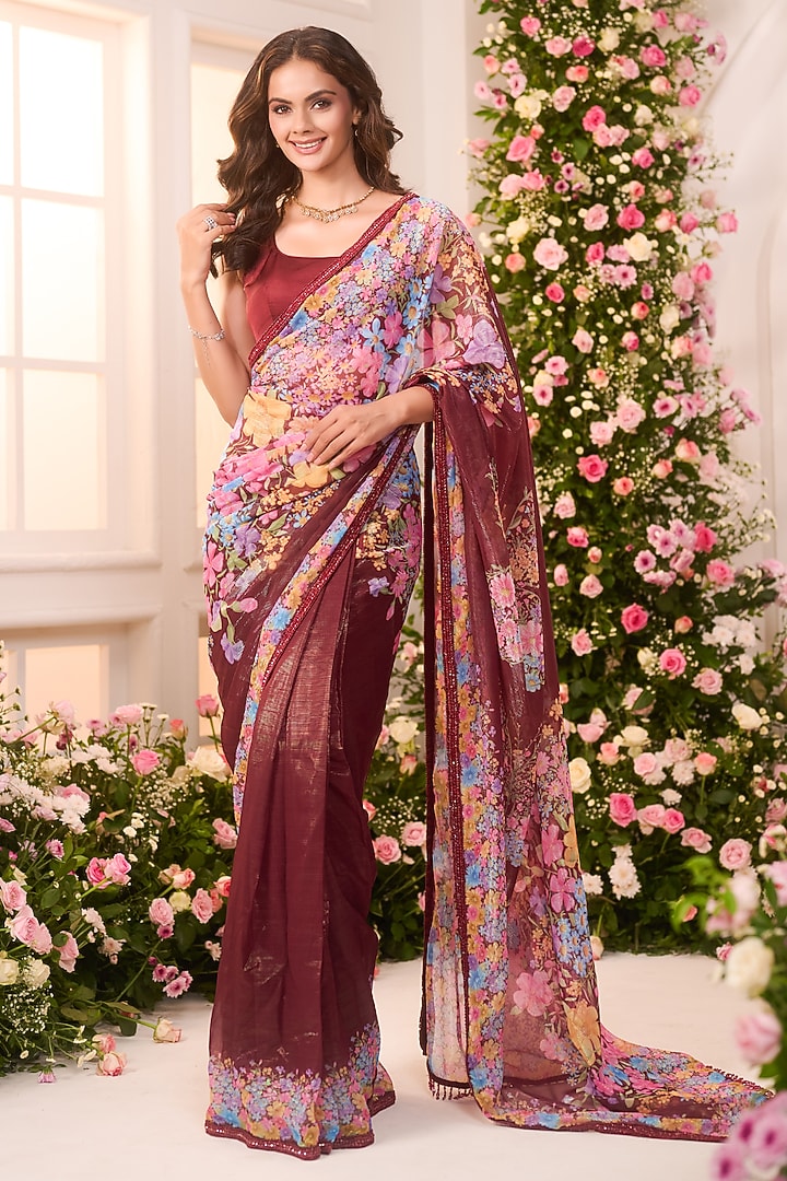 Maroon Crystal Satin Floral Printed Pre-Draped Party Wear Saree Set by LABEL PRIYANKA KAR at Pernia's Pop Up Shop