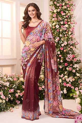 Maroon Crystal Satin Floral Printed Pre-Draped Saree Set by LABEL PRIYANKA KAR