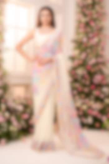 Lime Yellow Crystal Satin Floral Printed Pre-Draped Party Wear Saree Set by LABEL PRIYANKA KAR at Pernia's Pop Up Shop