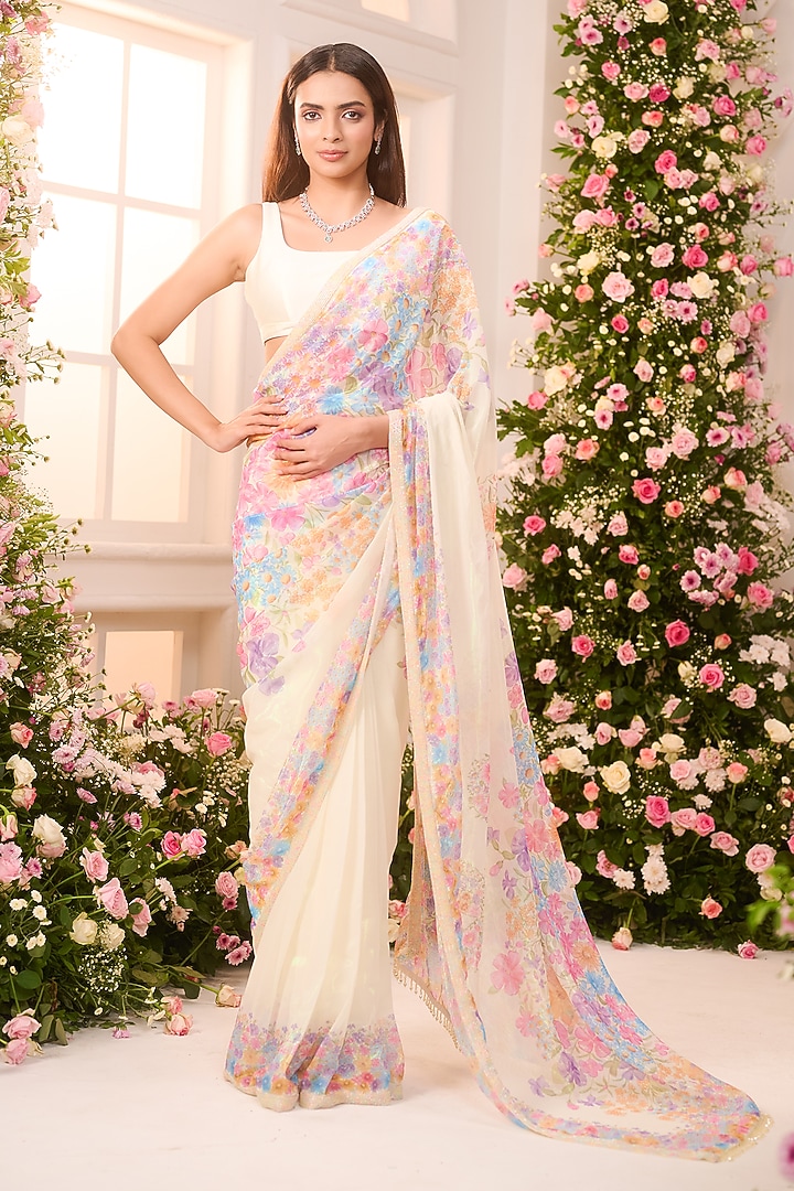 Lime Yellow Crystal Satin Floral Printed Pre-Draped Party Wear Saree Set by LABEL PRIYANKA KAR at Pernia's Pop Up Shop