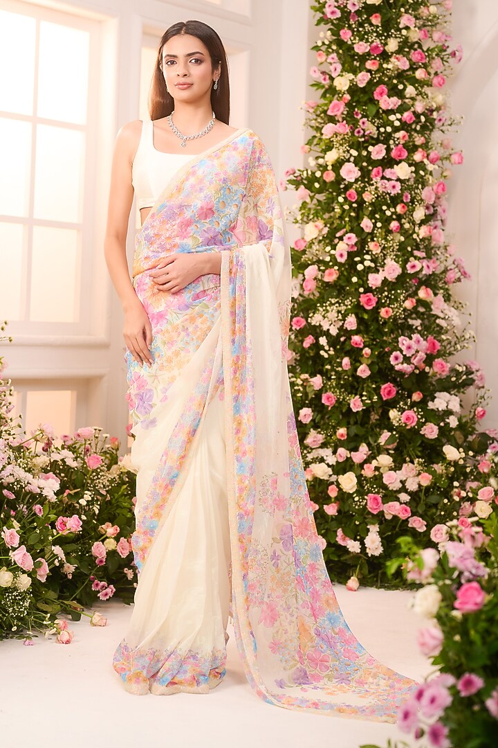 Lime Yellow Crystal Satin Floral Printed Pre-Draped Party Wear Saree Set by LABEL PRIYANKA KAR at Pernia's Pop Up Shop