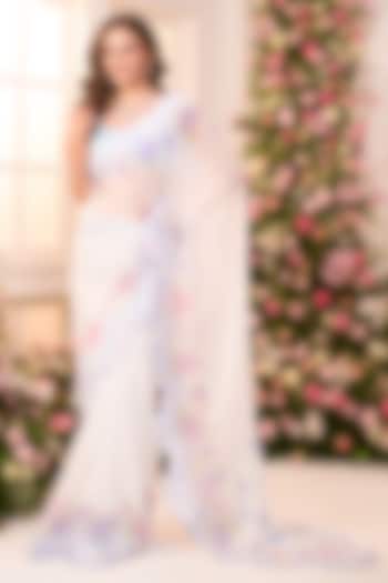 White Crystal Satin Floral Printed Pre-Draped Party Wear Saree Set by LABEL PRIYANKA KAR at Pernia's Pop Up Shop