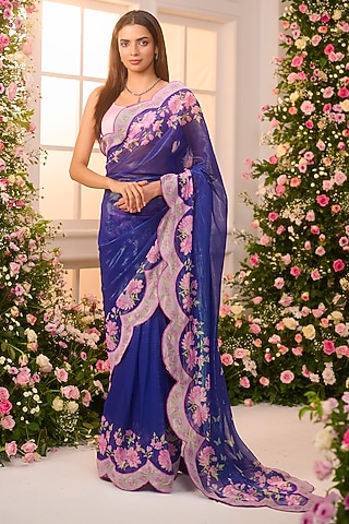 Royal Blue Crystal Satin Floral Printed Pre-Draped Saree Set by LABEL PRIYANKA KAR