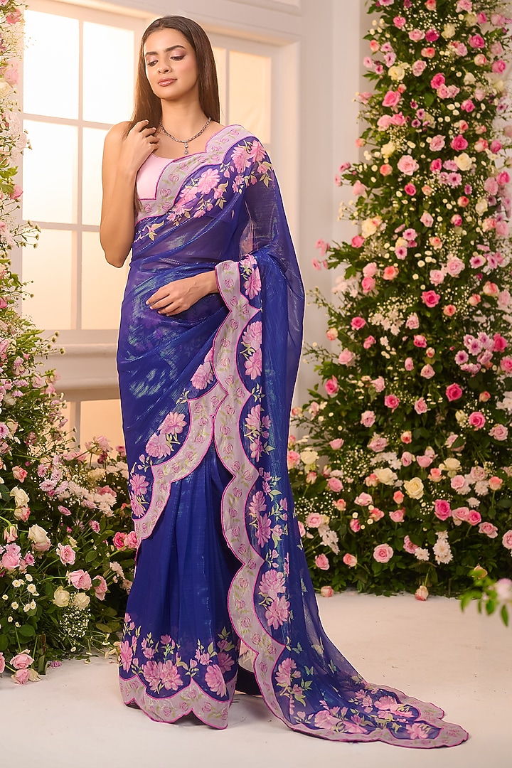 Royal Blue Crystal Satin Floral Printed Pre-Draped Party Wear Saree Set by LABEL PRIYANKA KAR at Pernia's Pop Up Shop
