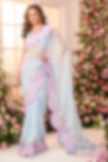 Mint Green Crystal Satin Floral Printed Pre-Draped Party Wear Saree Set by LABEL PRIYANKA KAR at Pernia's Pop Up Shop