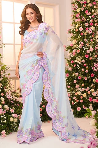 Mint Green Crystal Satin Floral Printed Pre-Draped Saree Set by LABEL PRIYANKA KAR
