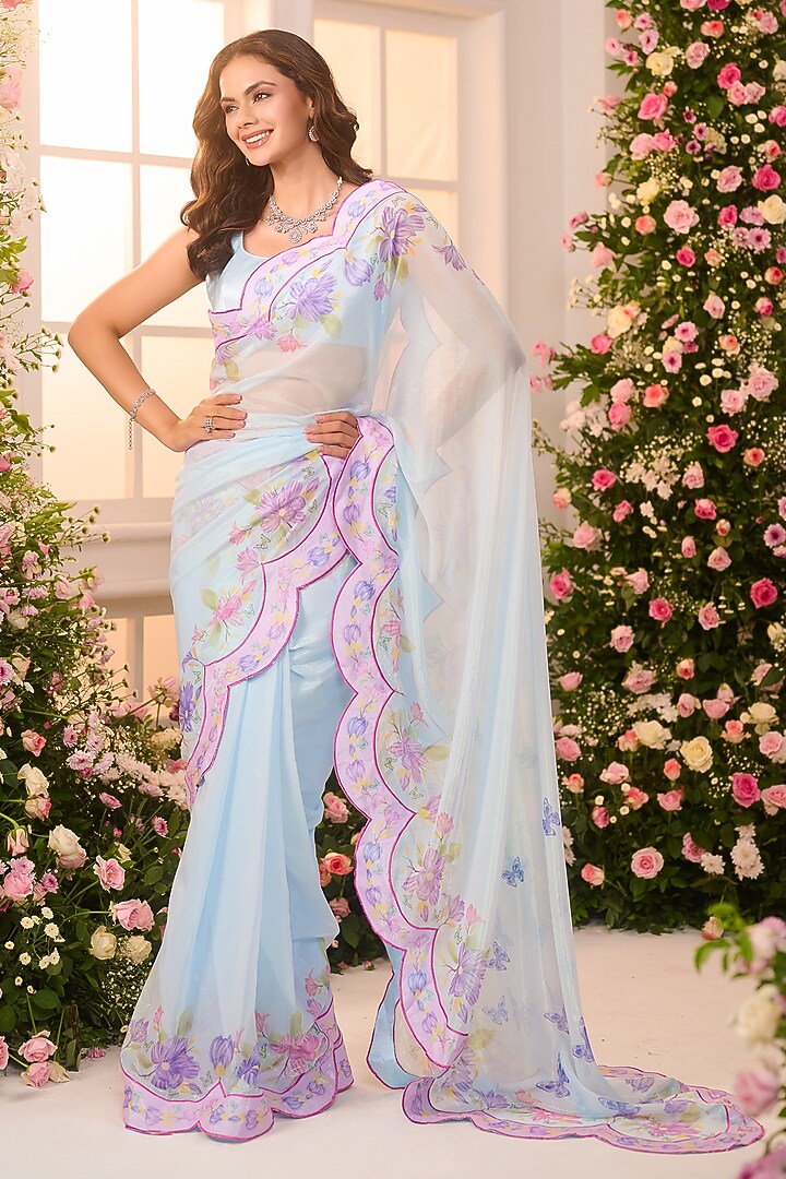 Mint Green Crystal Satin Floral Printed Pre-Draped Party Wear Saree Set by LABEL PRIYANKA KAR at Pernia's Pop Up Shop