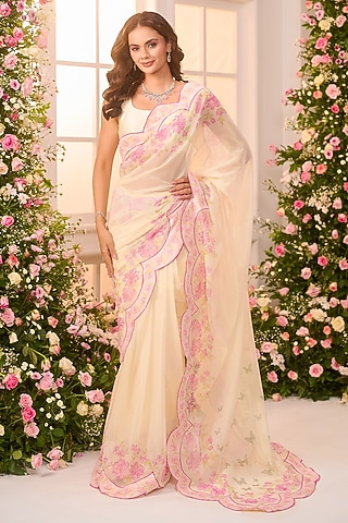 Lime Yellow Crystal Satin Floral Printed Pre-Draped Saree Set by LABEL PRIYANKA KAR