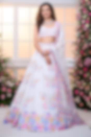 White-Rose Crystal Satin Floral Printed & Bead Embroidered Wedding Lehenga Set by LABEL PRIYANKA KAR at Pernia's Pop Up Shop