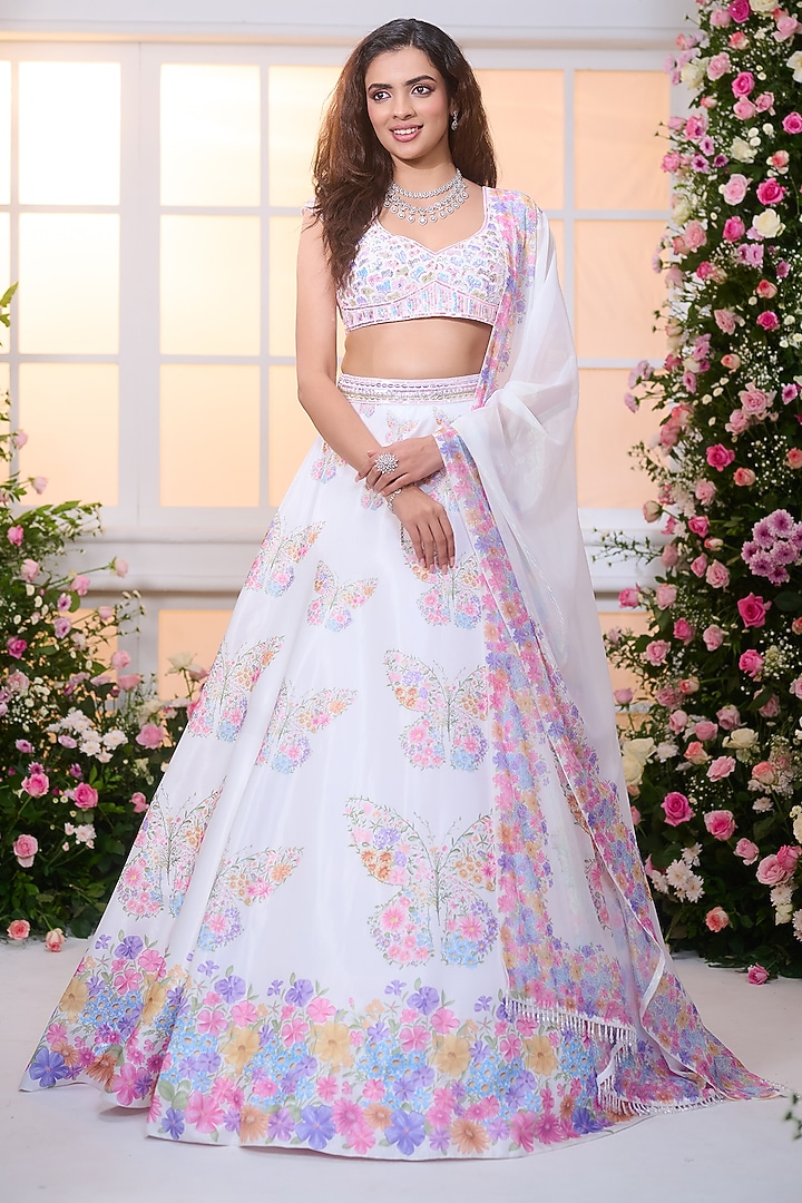 White-Rose Crystal Satin Floral Printed & Bead Embroidered Wedding Lehenga Set by LABEL PRIYANKA KAR at Pernia's Pop Up Shop
