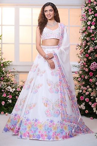White-Rose Crystal Satin Floral Printed & Bead Embroidered Lehenga Set by LABEL PRIYANKA KAR