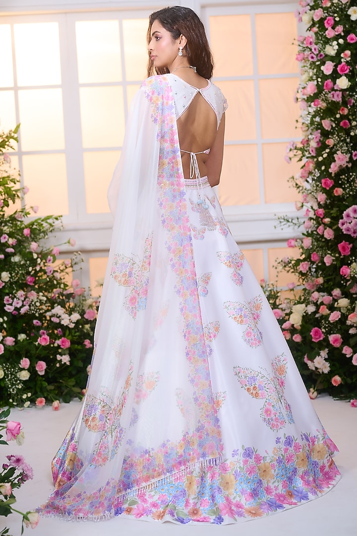 White-Rose Crystal Satin Floral Printed & Bead Embroidered Wedding Lehenga Set by LABEL PRIYANKA KAR at Pernia's Pop Up Shop
