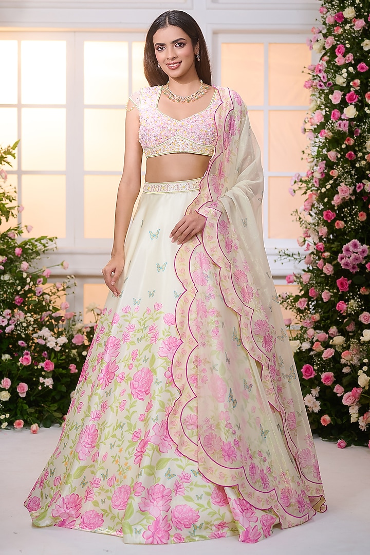 Lime Yellow Crystal Satin Floral Printed & Bead Embroidered Wedding Lehenga Set by LABEL PRIYANKA KAR at Pernia's Pop Up Shop