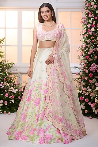 Lime Yellow Crystal Satin Floral Printed & Bead Embroidered Lehenga Set by LABEL PRIYANKA KAR