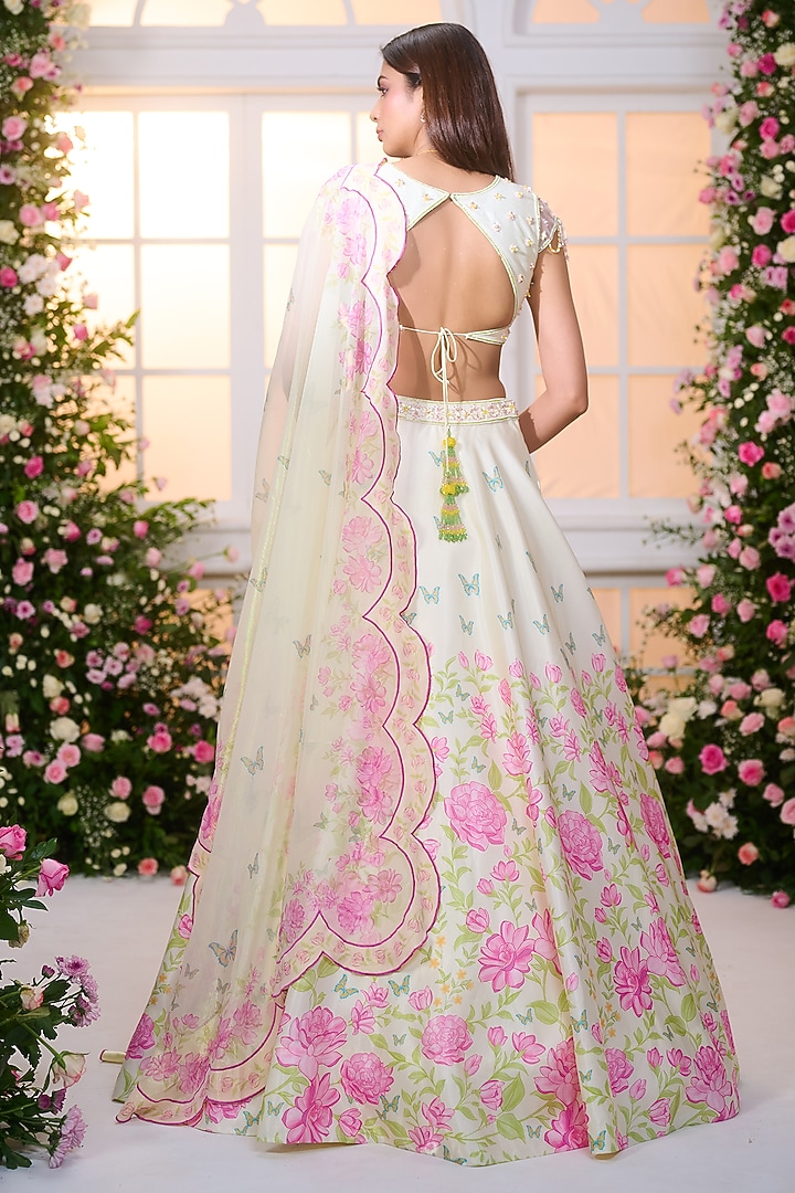 Lime Yellow Crystal Satin Floral Printed & Bead Embroidered Wedding Lehenga Set by LABEL PRIYANKA KAR at Pernia's Pop Up Shop