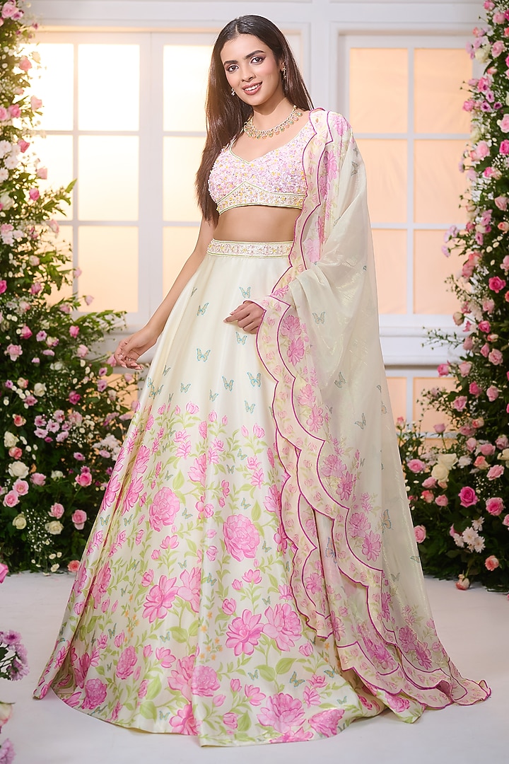 Lime Yellow Crystal Satin Floral Printed & Bead Embroidered Wedding Lehenga Set by LABEL PRIYANKA KAR at Pernia's Pop Up Shop