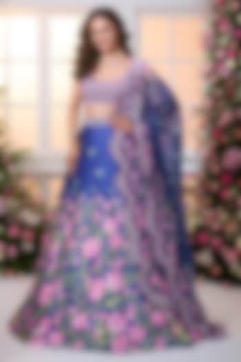 Royal Blue Crystal Satin Floral Printed & Bead Embroidered Wedding Lehenga Set by LABEL PRIYANKA KAR at Pernia's Pop Up Shop