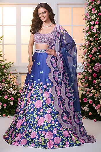 Royal Blue Crystal Satin Floral Printed & Bead Embroidered Wedding Lehenga Set by LABEL PRIYANKA KAR at Pernia's Pop Up Shop