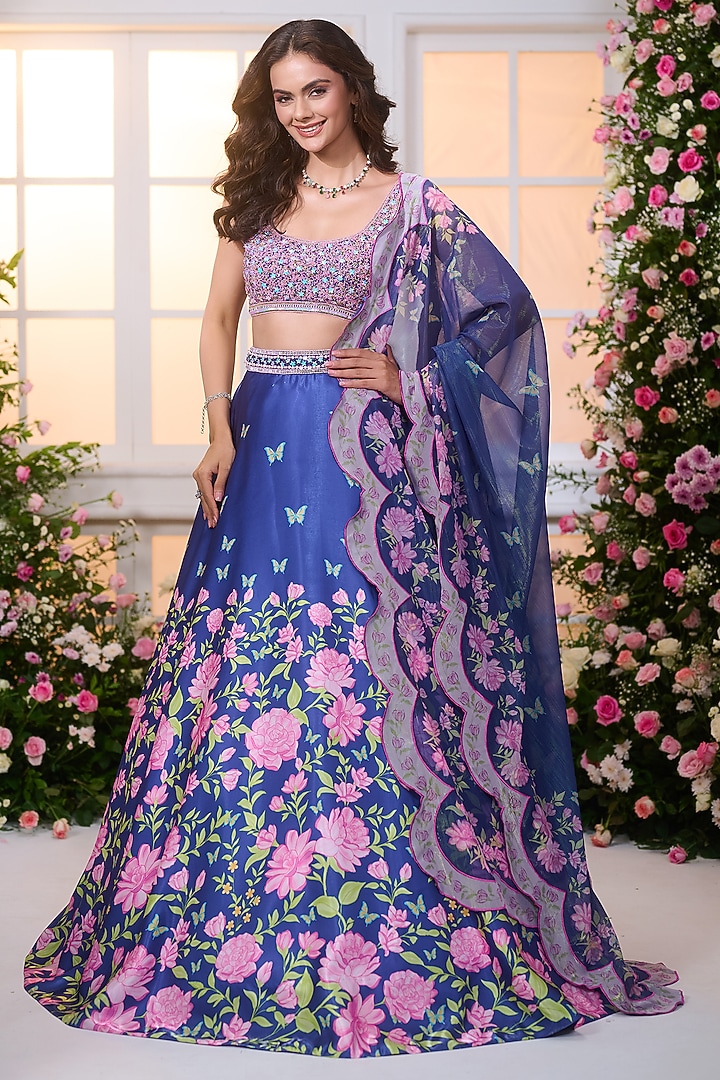 Royal Blue Crystal Satin Floral Printed & Bead Embroidered Wedding Lehenga Set by LABEL PRIYANKA KAR at Pernia's Pop Up Shop