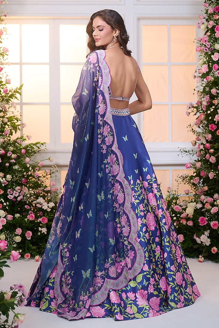 Royal Blue Crystal Satin Floral Printed & Bead Embroidered Wedding Lehenga Set by LABEL PRIYANKA KAR at Pernia's Pop Up Shop