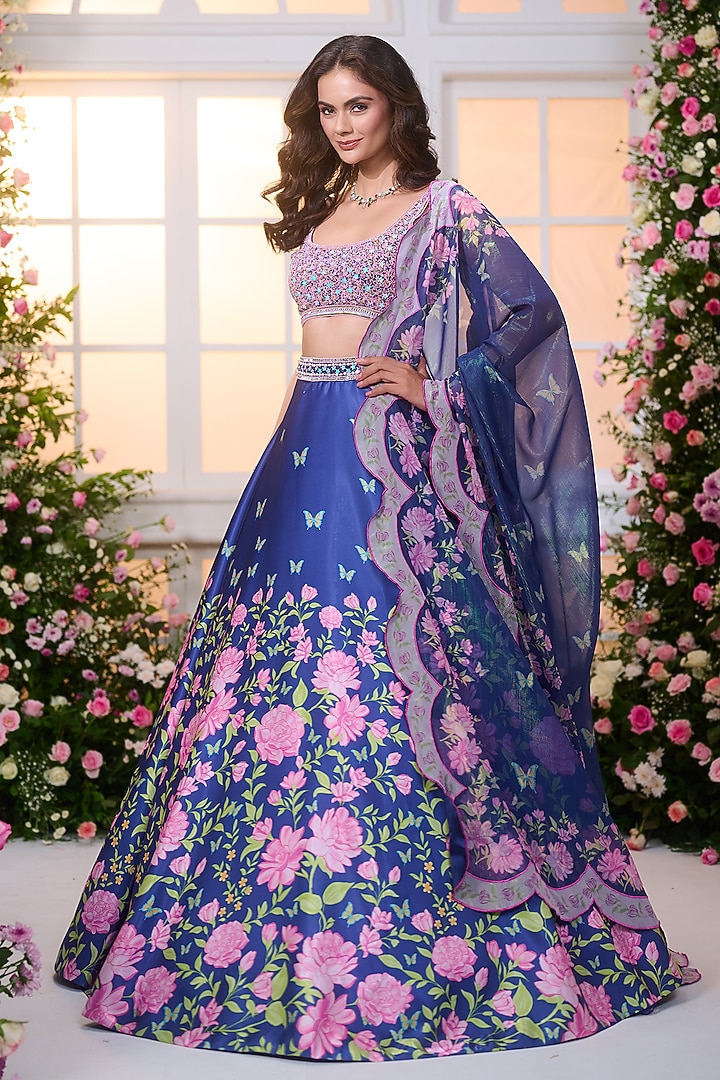 Royal Blue Crystal Satin Floral Printed & Bead Embroidered Wedding Lehenga Set by LABEL PRIYANKA KAR at Pernia's Pop Up Shop