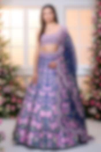 Royal Blue & Rose Pink Satin Floral Printed Wedding Lehenga Set by LABEL PRIYANKA KAR at Pernia's Pop Up Shop