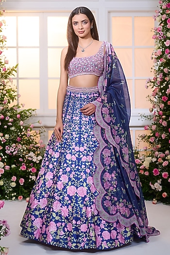 Royal Blue & Rose Pink Satin Floral Printed Wedding Lehenga Set by LABEL PRIYANKA KAR at Pernia's Pop Up Shop