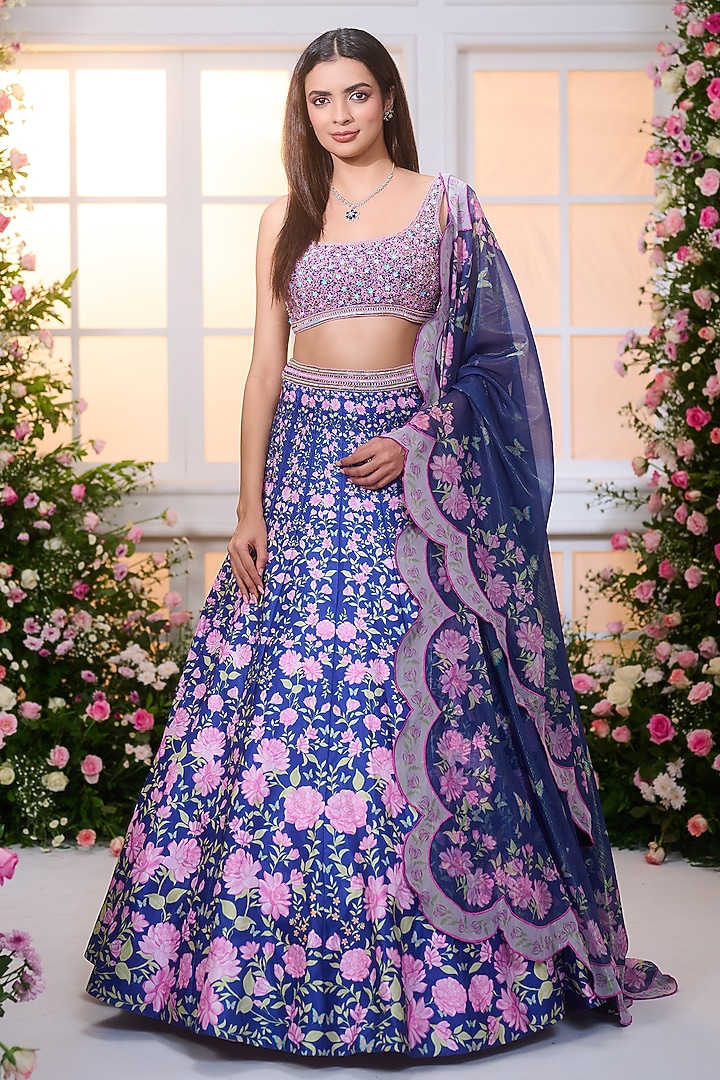Royal Blue & Rose Pink Satin Floral Printed Wedding Lehenga Set by LABEL PRIYANKA KAR at Pernia's Pop Up Shop