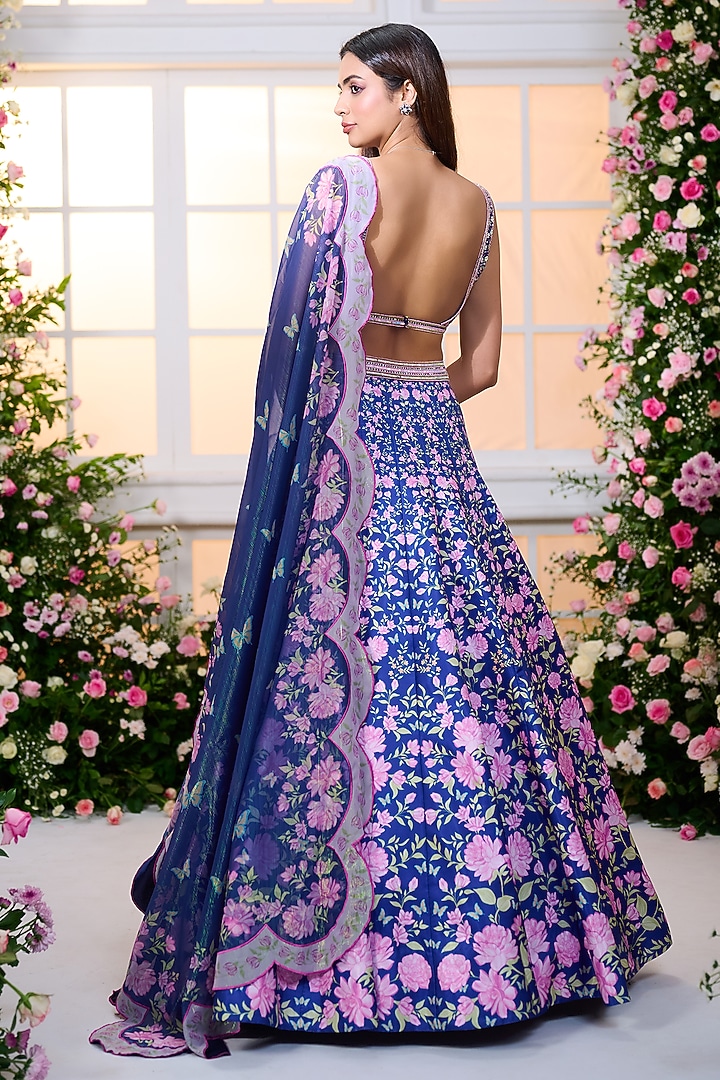 Royal Blue & Rose Pink Satin Floral Printed Wedding Lehenga Set by LABEL PRIYANKA KAR at Pernia's Pop Up Shop