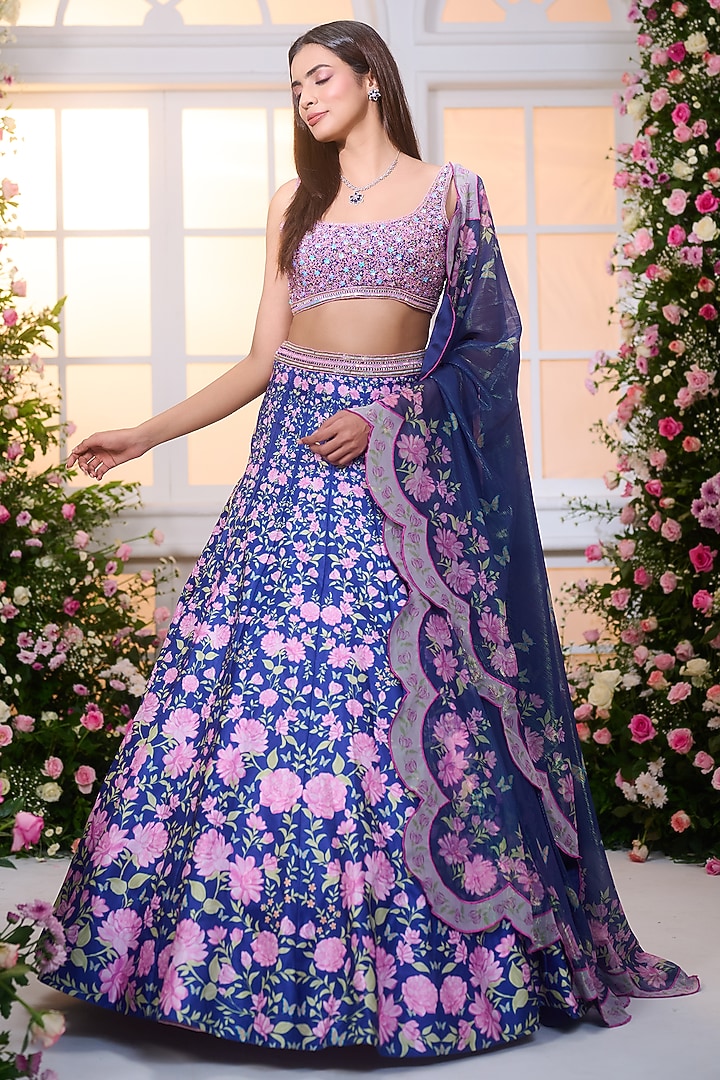 Royal Blue & Rose Pink Satin Floral Printed Wedding Lehenga Set by LABEL PRIYANKA KAR at Pernia's Pop Up Shop