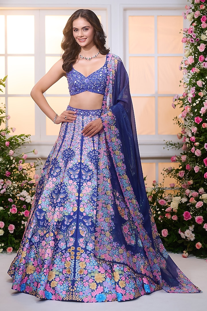Royal Blue Satin Floral Printed Wedding Lehenga Set by LABEL PRIYANKA KAR at Pernia's Pop Up Shop
