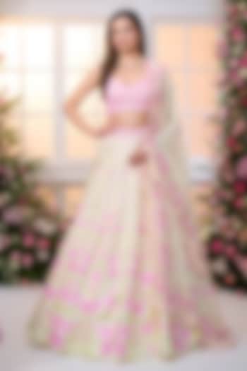 Yellow & Rose Pink Satin Floral Printed Wedding Lehenga Set by LABEL PRIYANKA KAR at Pernia's Pop Up Shop