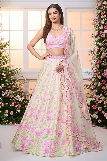 Yellow & Rose Pink Satin Floral Printed Wedding Lehenga Set by LABEL PRIYANKA KAR at Pernia's Pop Up Shop