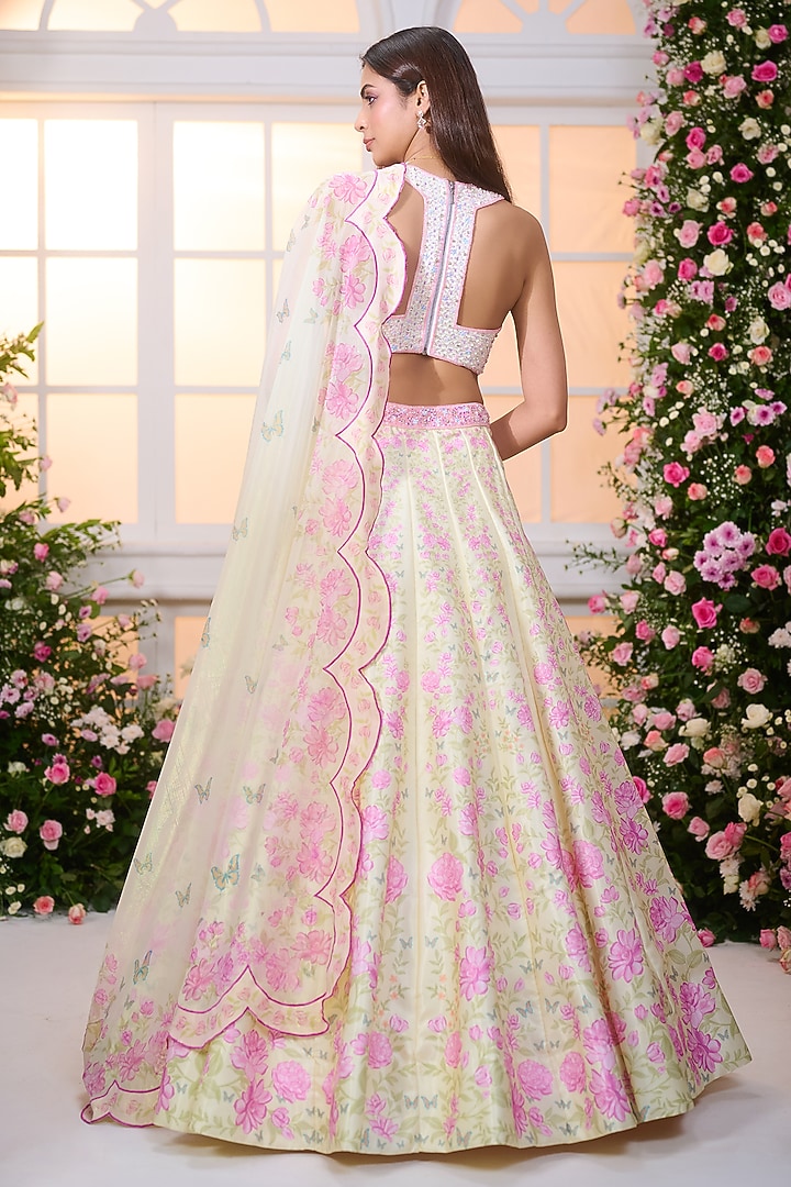 Yellow & Rose Pink Satin Floral Printed Wedding Lehenga Set by LABEL PRIYANKA KAR at Pernia's Pop Up Shop