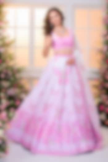 Pink Ombre Satin Hand Embroidered Wedding Lehenga Set by LABEL PRIYANKA KAR at Pernia's Pop Up Shop