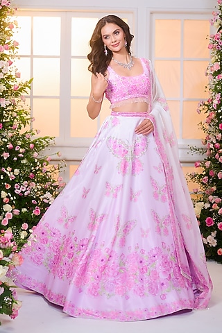 Pink Ombre Satin Hand Embroidered Lehenga Set by LABEL PRIYANKA KAR