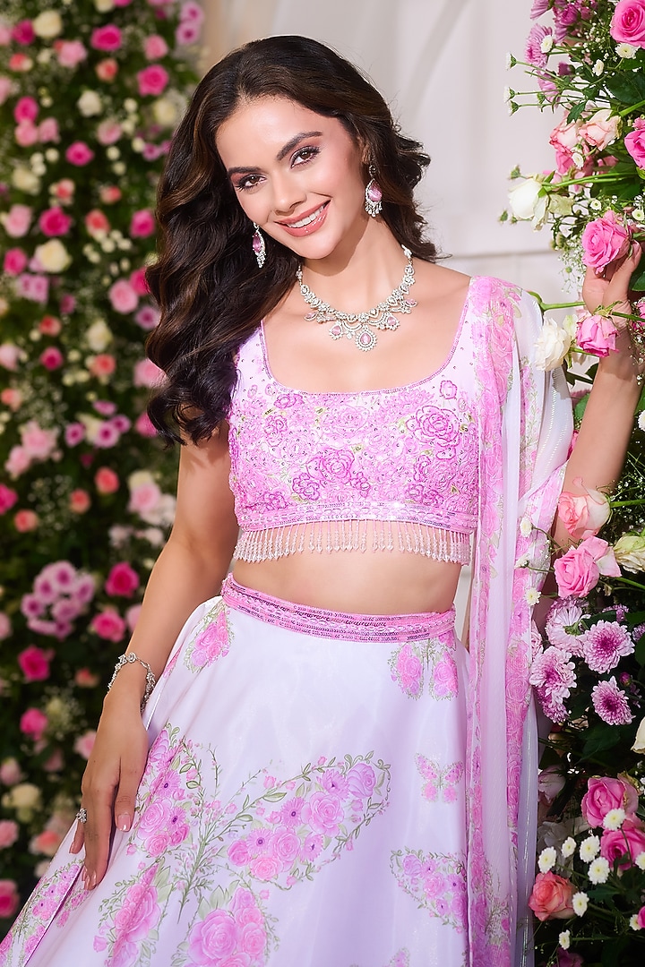 Pink Ombre Satin Hand Embroidered Wedding Lehenga Set by LABEL PRIYANKA KAR at Pernia's Pop Up Shop