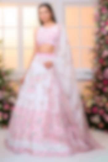 White & Pink Satin Hand Embroidered Wedding Lehenga Set by LABEL PRIYANKA KAR at Pernia's Pop Up Shop