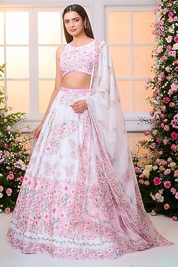 White & Pink Satin Hand Embroidered Wedding Lehenga Set by LABEL PRIYANKA KAR at Pernia's Pop Up Shop