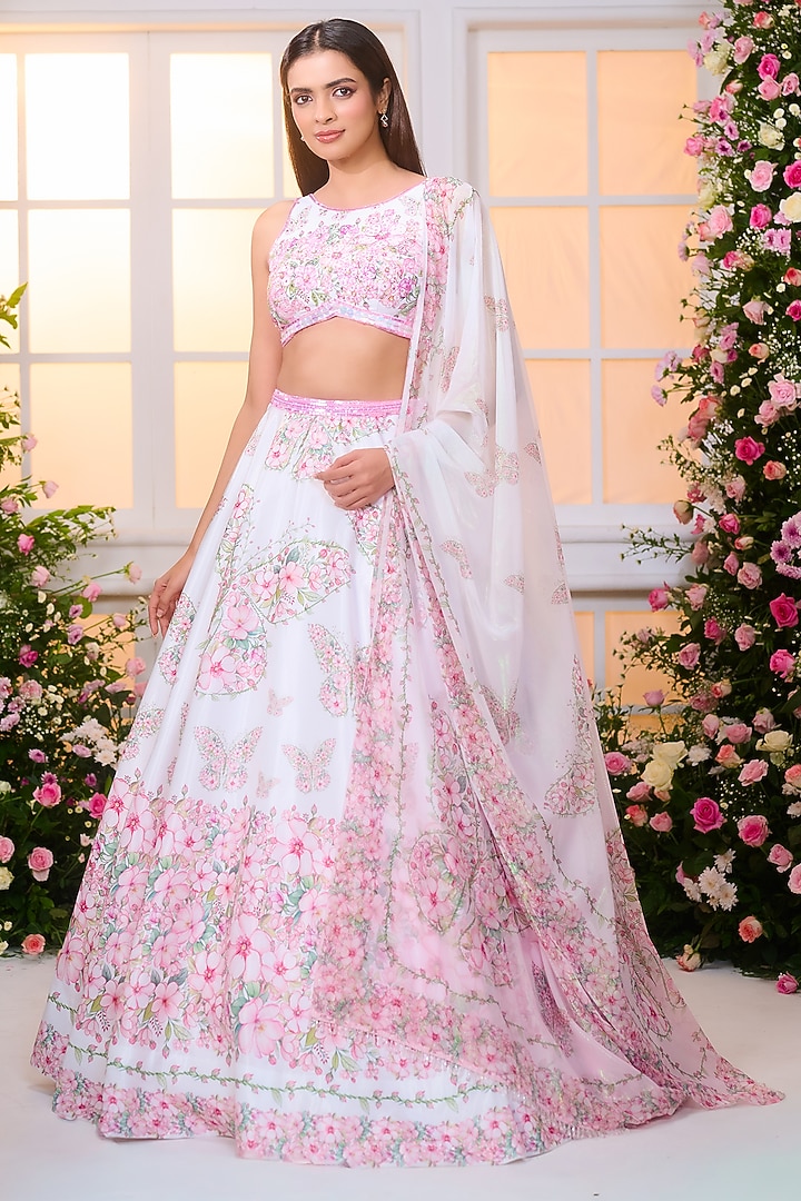 White & Pink Satin Hand Embroidered Wedding Lehenga Set by LABEL PRIYANKA KAR at Pernia's Pop Up Shop