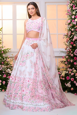 White & Pink Satin Hand Embroidered Lehenga Set by LABEL PRIYANKA KAR